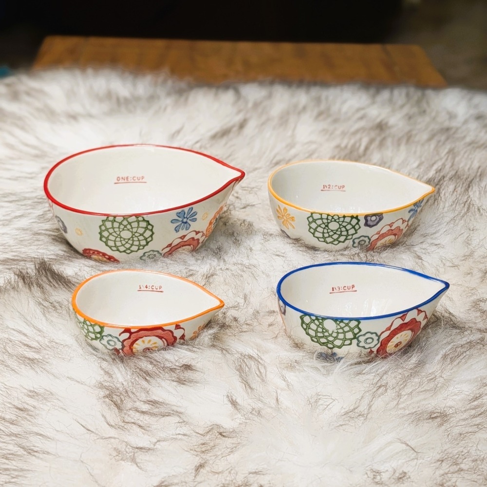 Pier 1 Imports Vibrant Floral Nesting Measuring Cups Stoneware 4 Piece Set